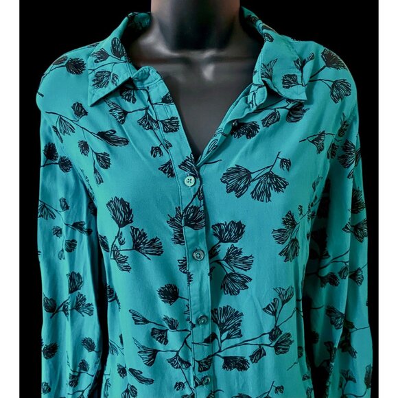 Ava & Viv Button Front Shirt Dress Women's Plus Size X Teal Black Floral Rayon - Picture 2 of 13